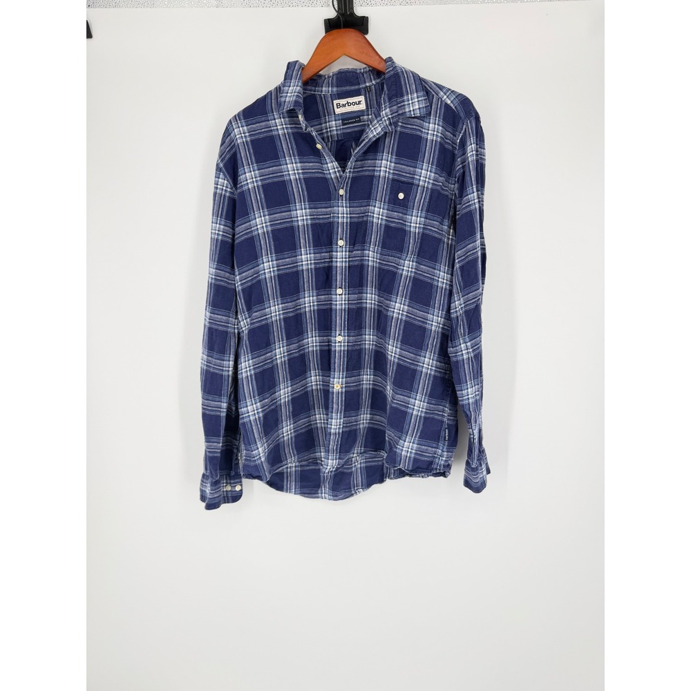 Barbour Mens Button Down Shirt Tailored Fit Large Linen Plaid Rustic Classic